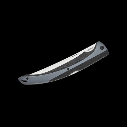 A folding pocket knife with a textured gray handle and a silver blade, shown against a solid black background.