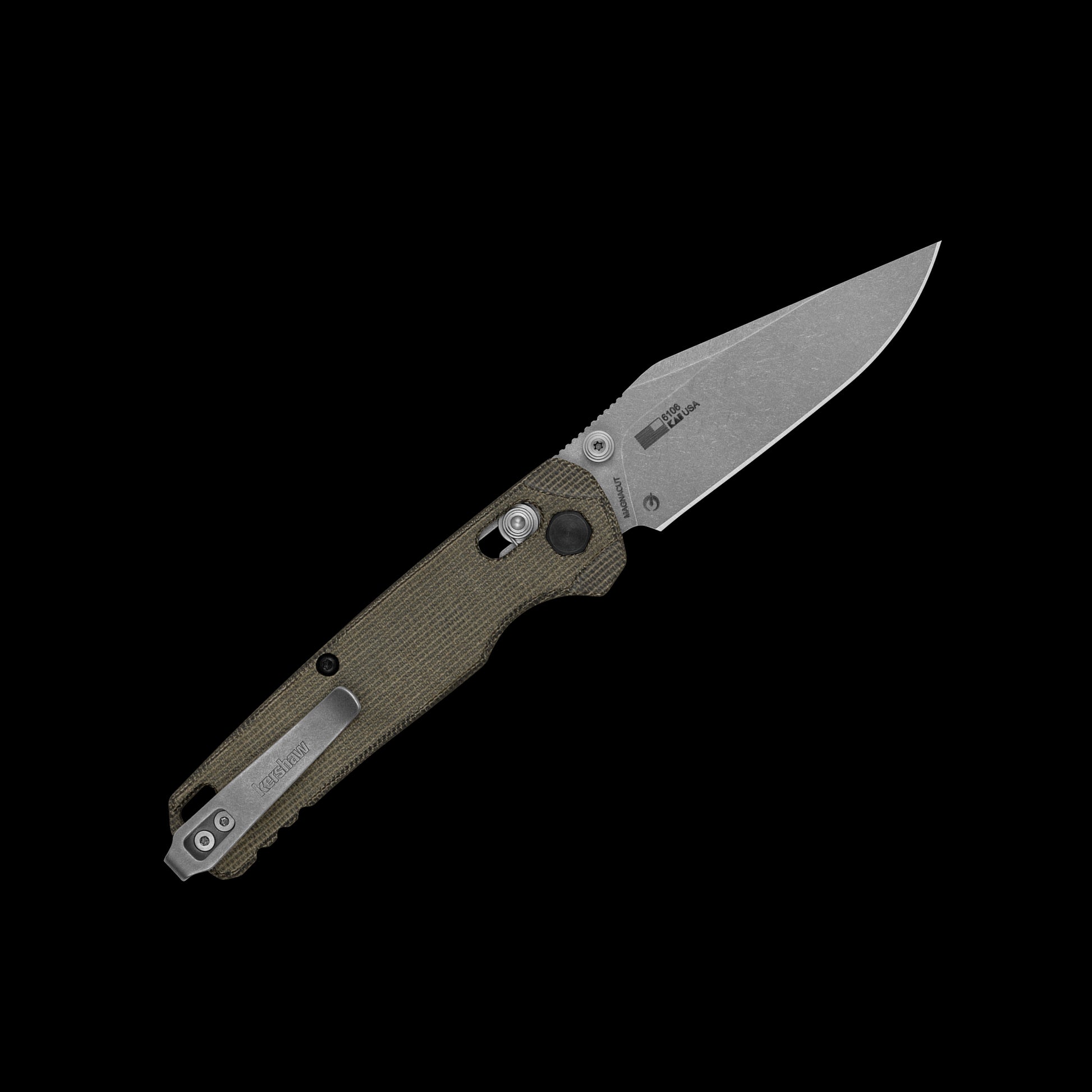 Kershaw Bel Air Clip Point 6106 USA-made folding knife with MagnaCut blade and olive Micarta handle