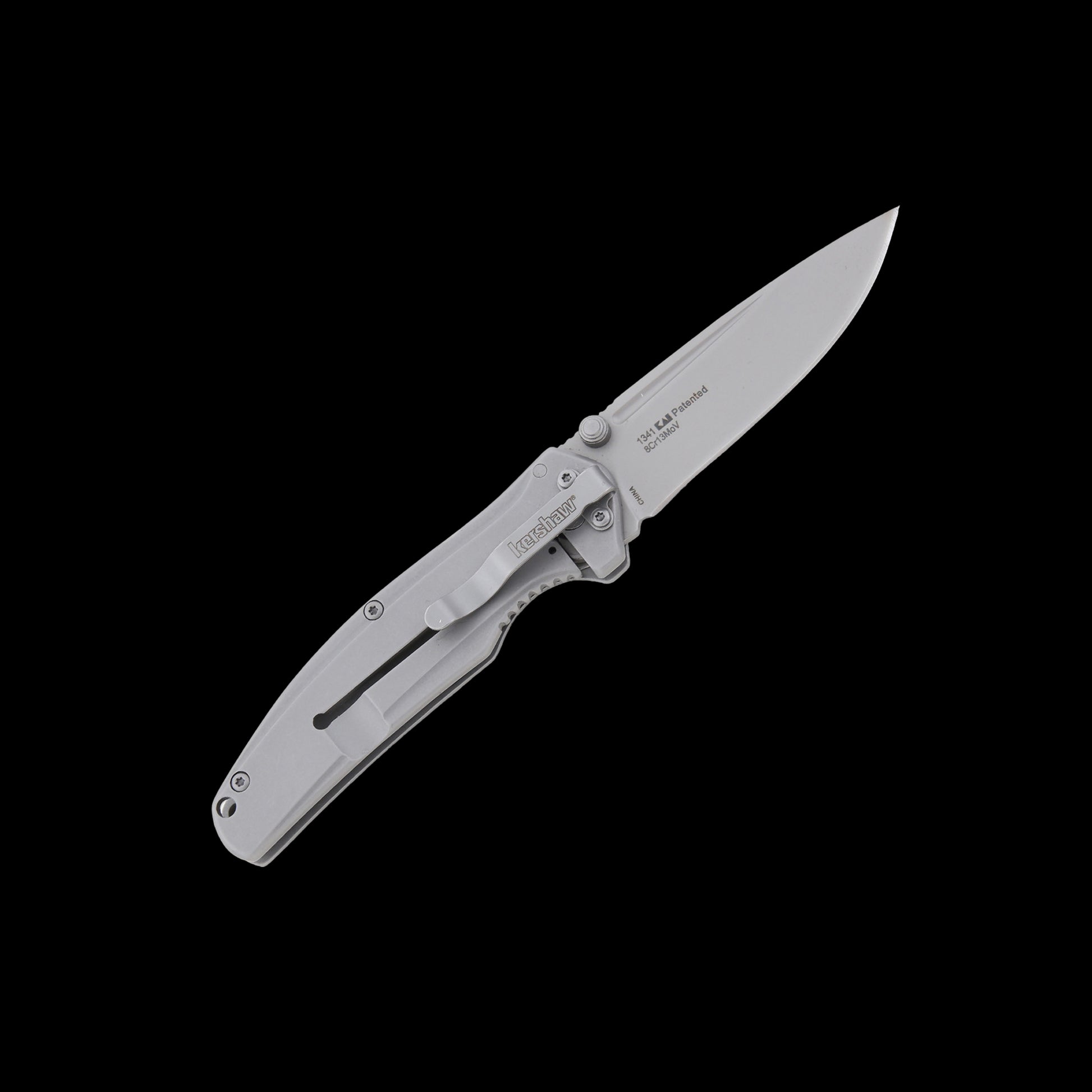 Bead-blasted 8Cr13MoV drop-point blade on Kershaw Catalytic 1341