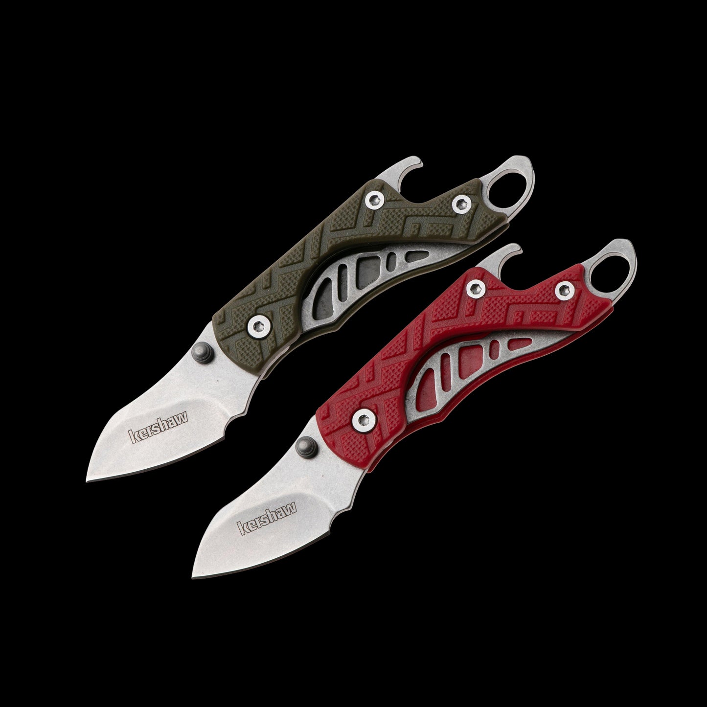 Kershaw Cinder 1025ROL two-pack manual keychain knives with red and olive green handles