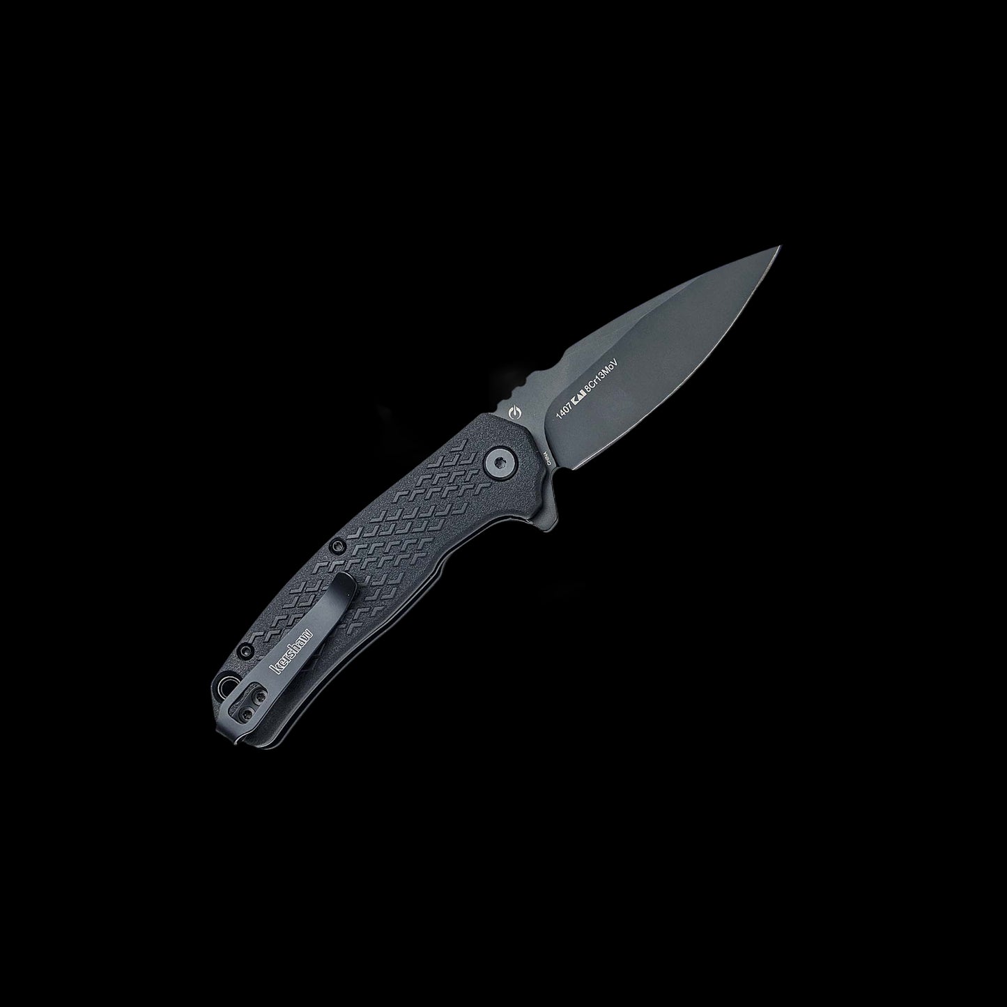 Black-oxide 8Cr13MoV spear-point blade on Kershaw Conduit 1407