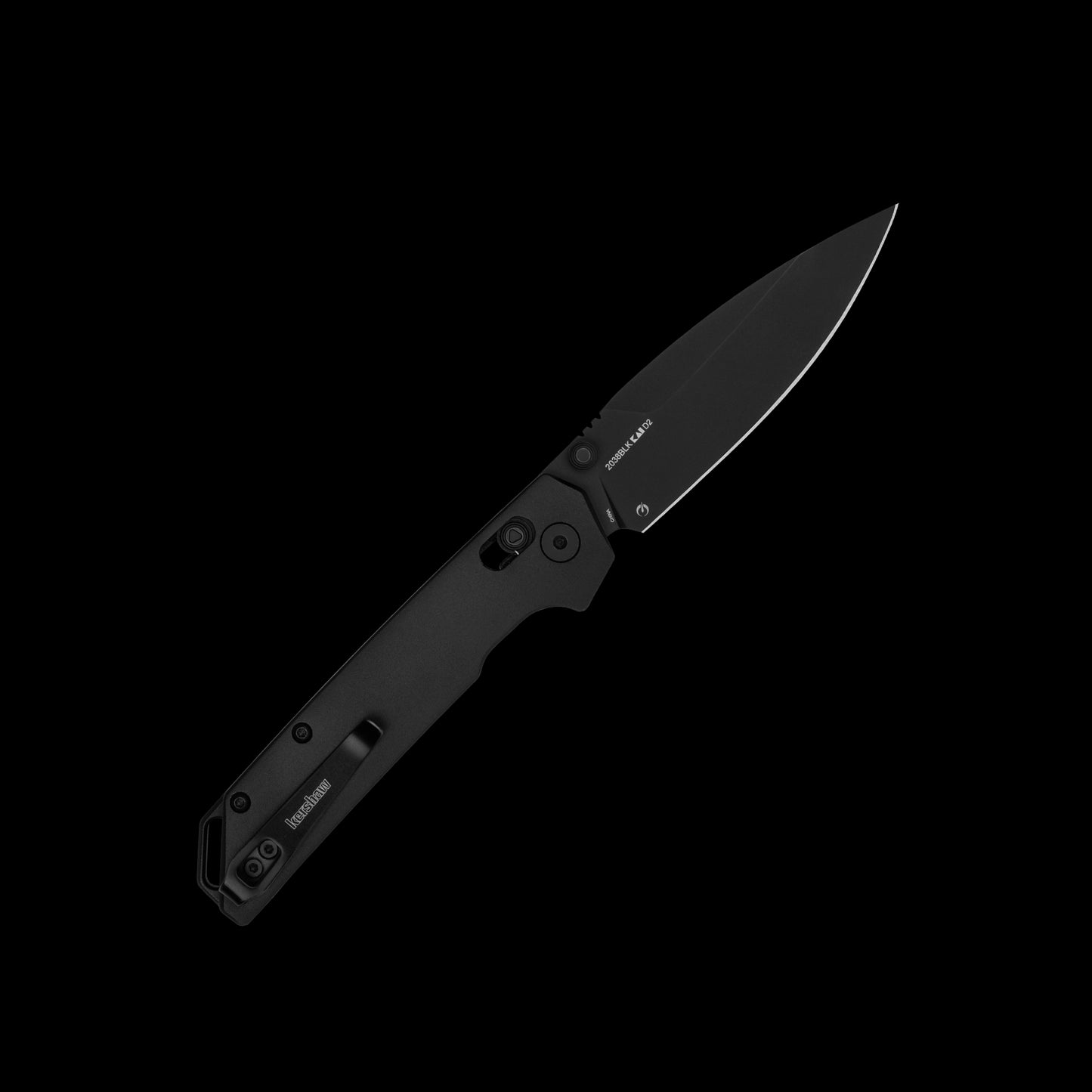 Black-oxide D2 spear-point blade on Kershaw Iridium Black