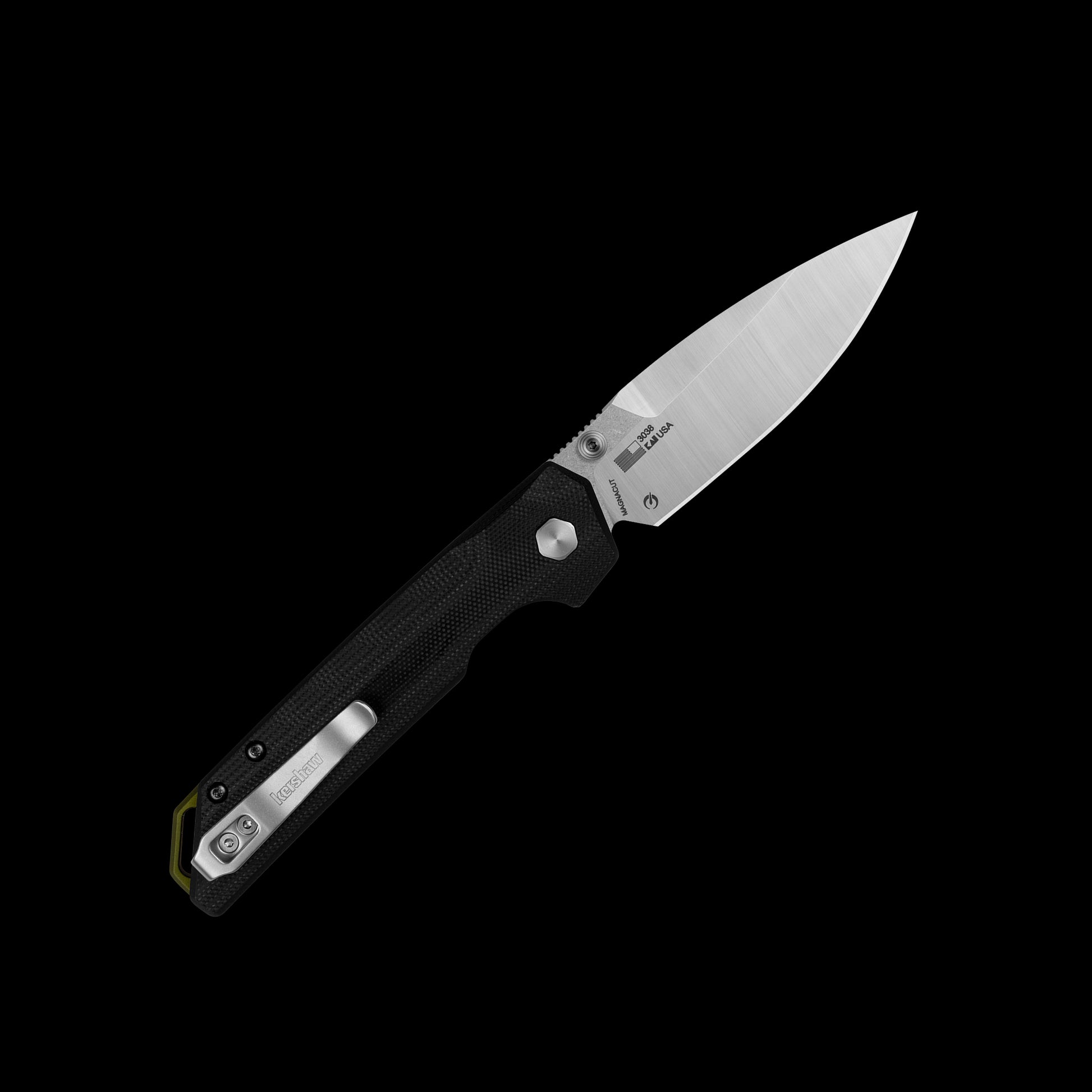 A folding pocket knife with a satin-finished silver blade and a textured black handle, shown open against a solid black background. The brand 'Kershaw' is visible on the blade.