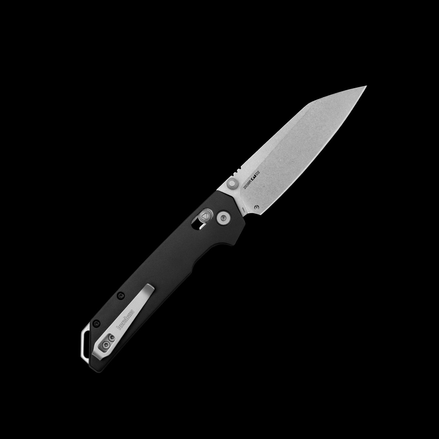 Stonewashed D2 reverse-tanto blade on Kershaw Iridium 2038R