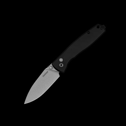 Kershaw Kindred 2053 folding knife with stonewashed D2 spear-point blade and black aluminum handle