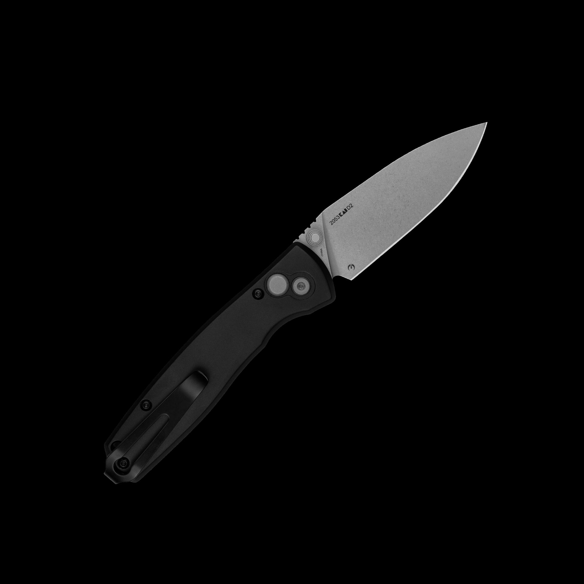 Stonewashed D2 spear-point blade on Kershaw Kindred 2053