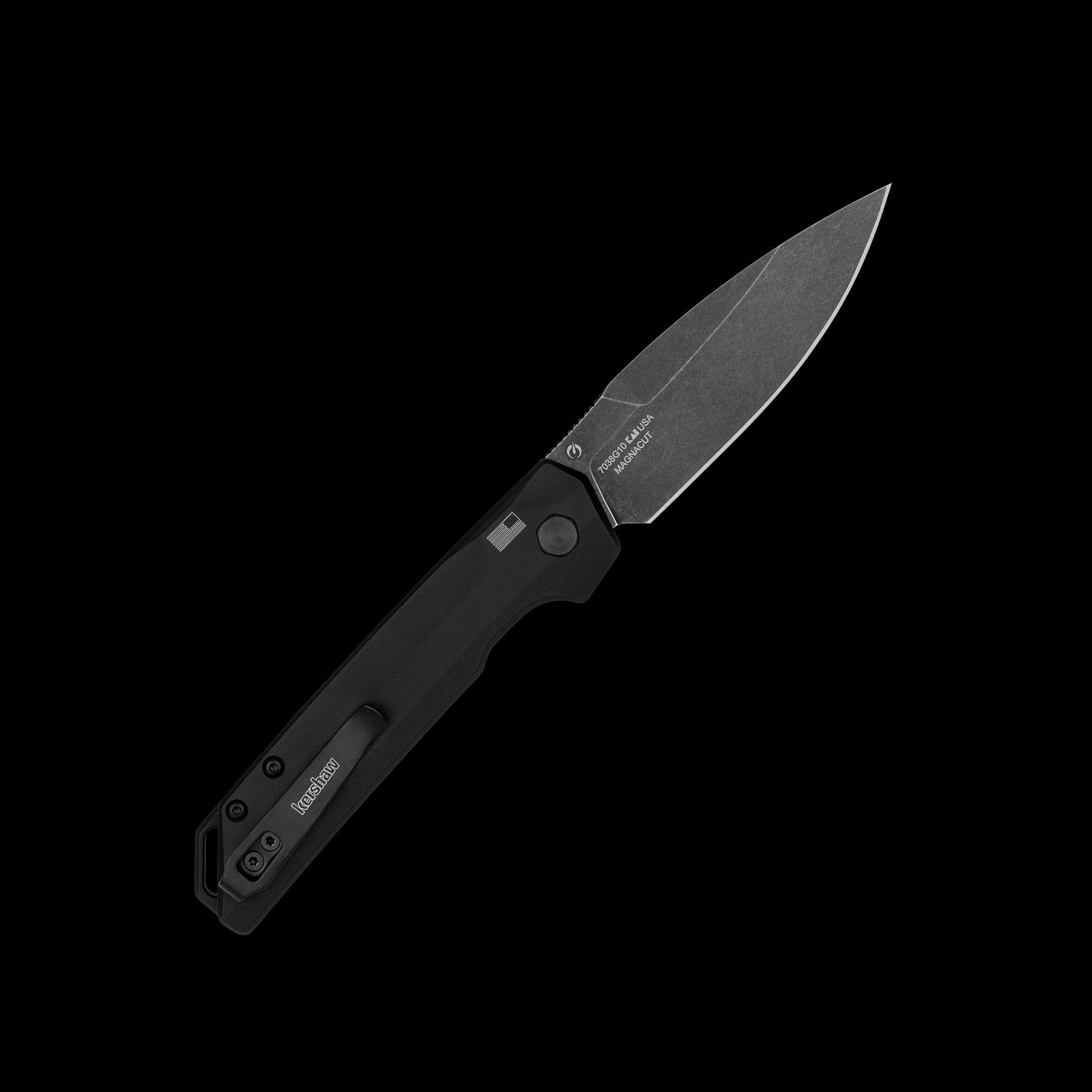BlackWash CPM MagnaCut spear-point blade on Kershaw Launch Iridium G10