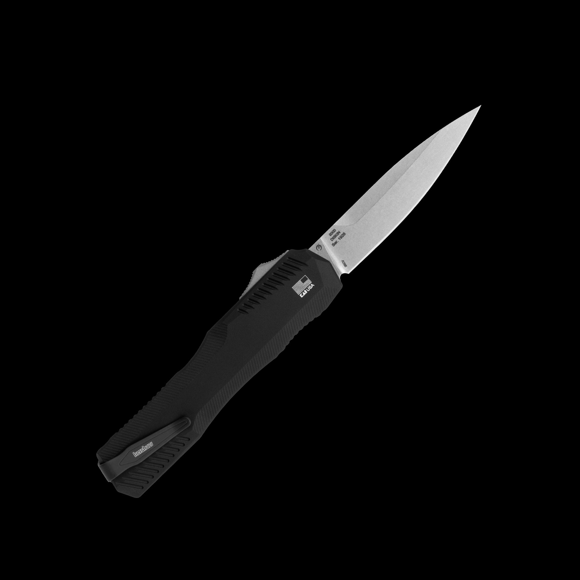 Stonewashed CPM MagnaCut spear-point blade on Kershaw Livewire 9000