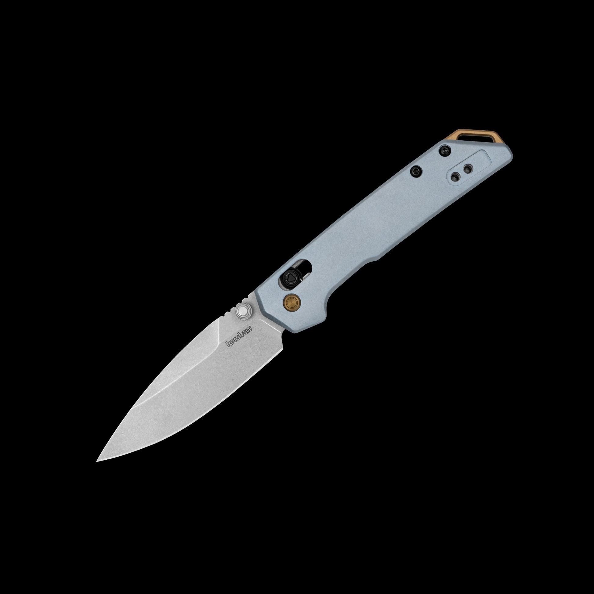 Kershaw Mini Iridium 2051 folding knife with stonewashed D2 spear-point blade and ice-blue aluminium handle