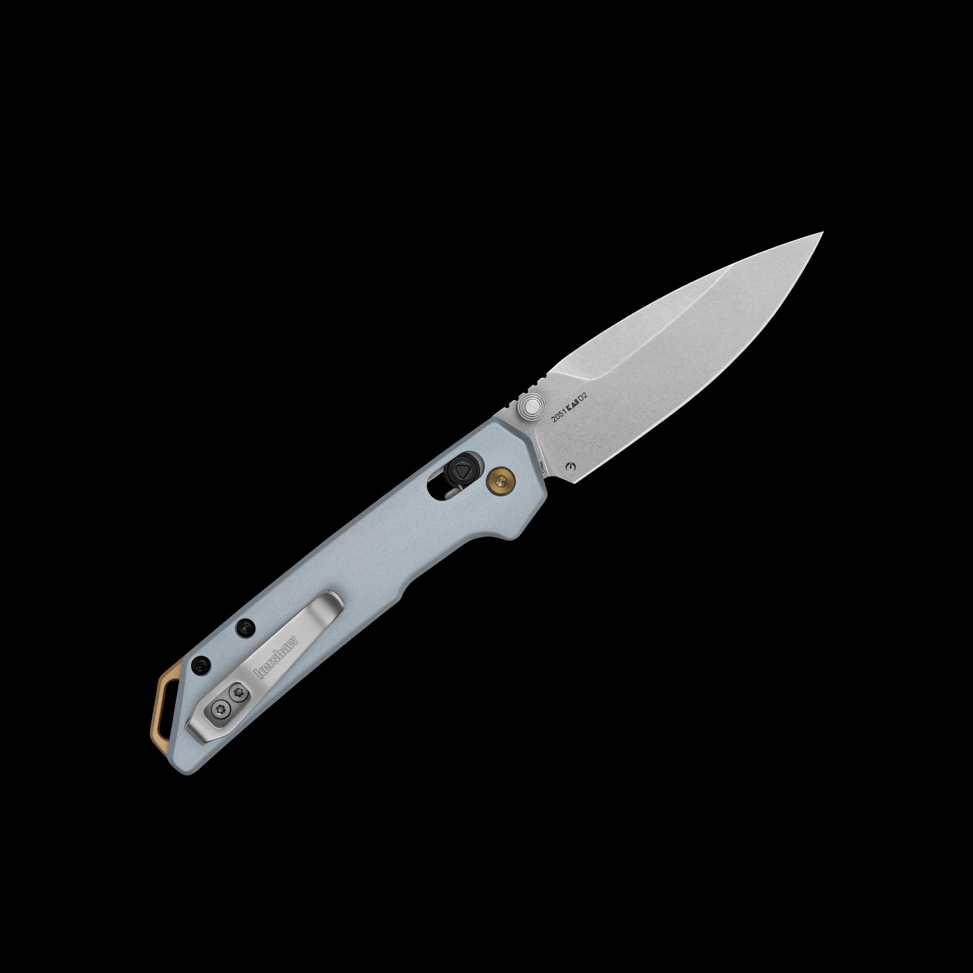 Stonewashed D2 spear-point blade on Kershaw Mini Iridium 2051