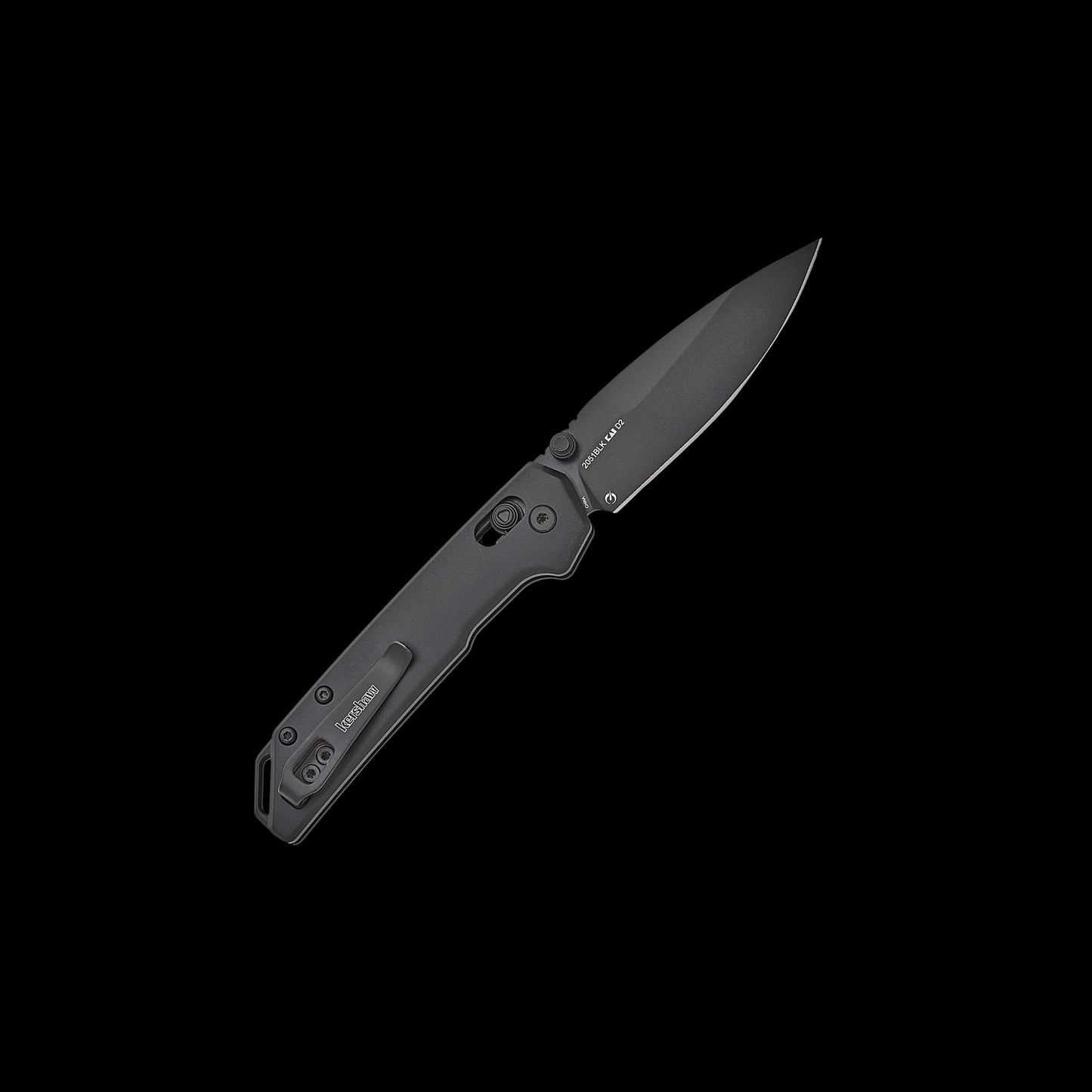 Black-oxide D2 spear-point blade on Kershaw Mini Iridium Black