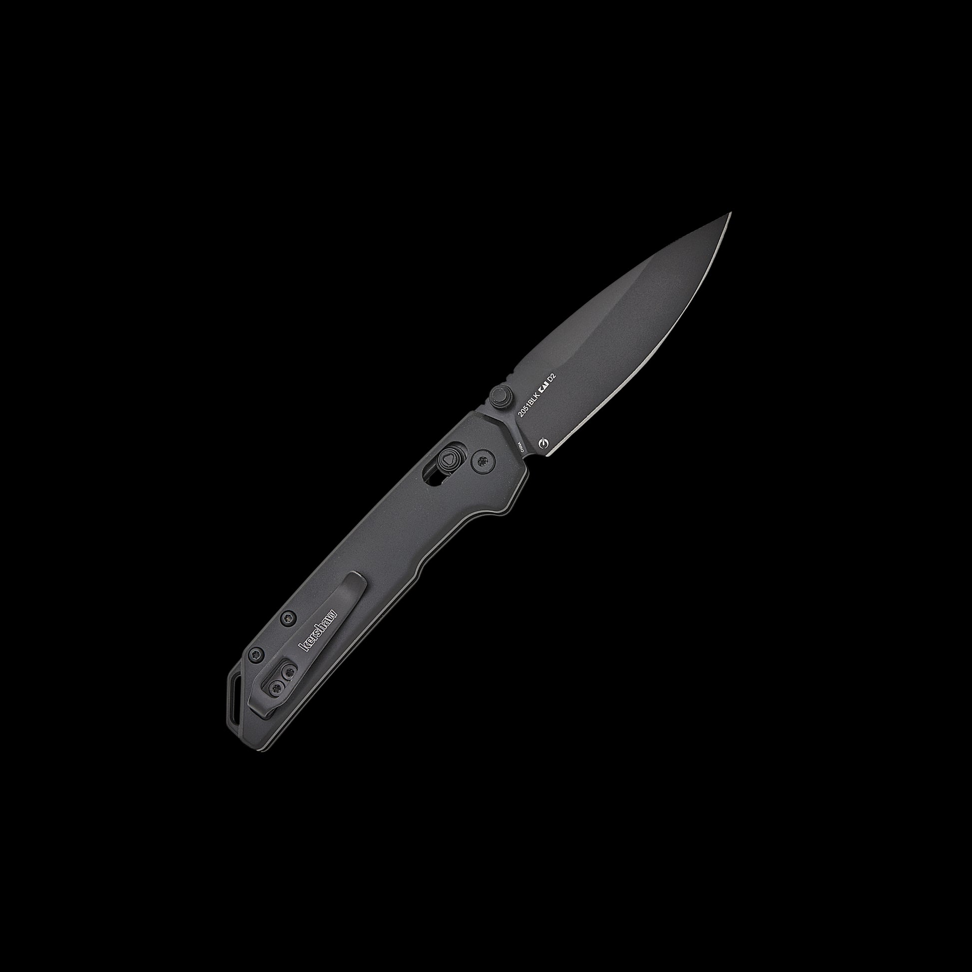 Black-oxide D2 spear-point blade on Kershaw Mini Iridium Black