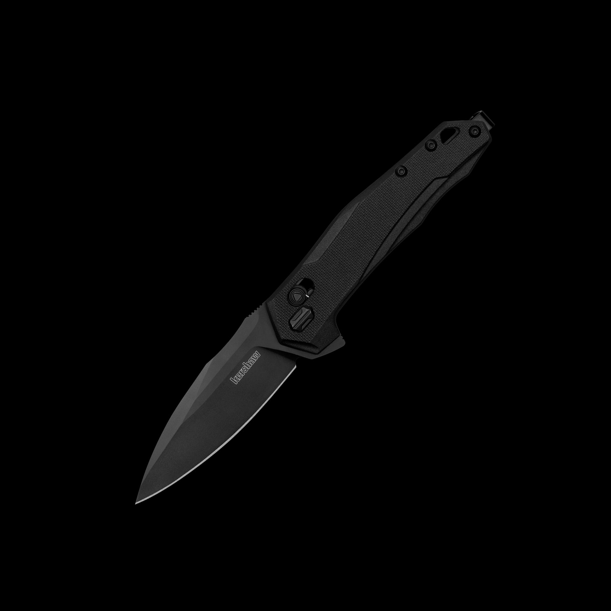 Kershaw Monitor 2041 folding knife with black D2 spear-point blade and textured black GFN handle