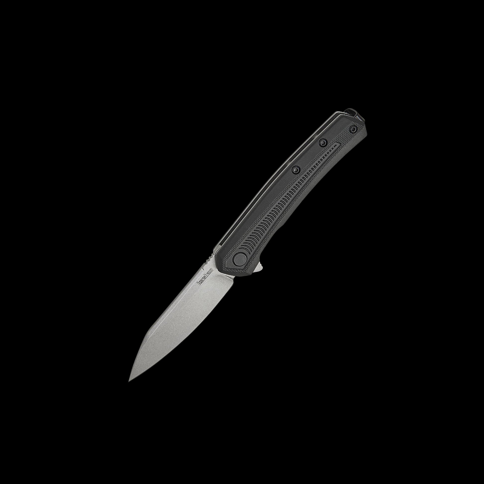 Kershaw Raygun 1427 assisted folding knife with stonewashed reverse-tanto blade and black GFN handle