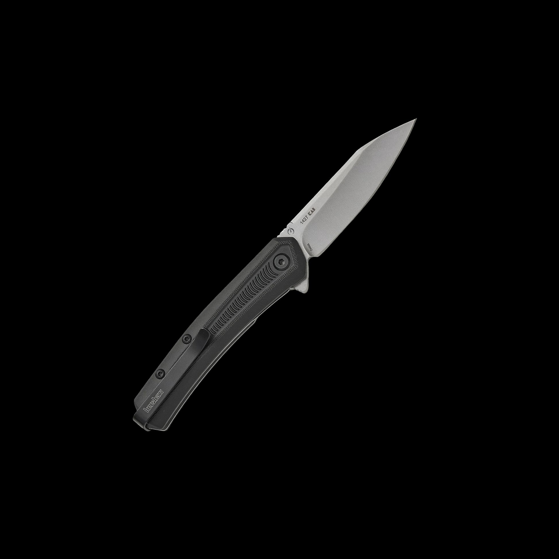 Stonewashed 4Cr14 reverse-tanto blade on Kershaw Raygun 1427