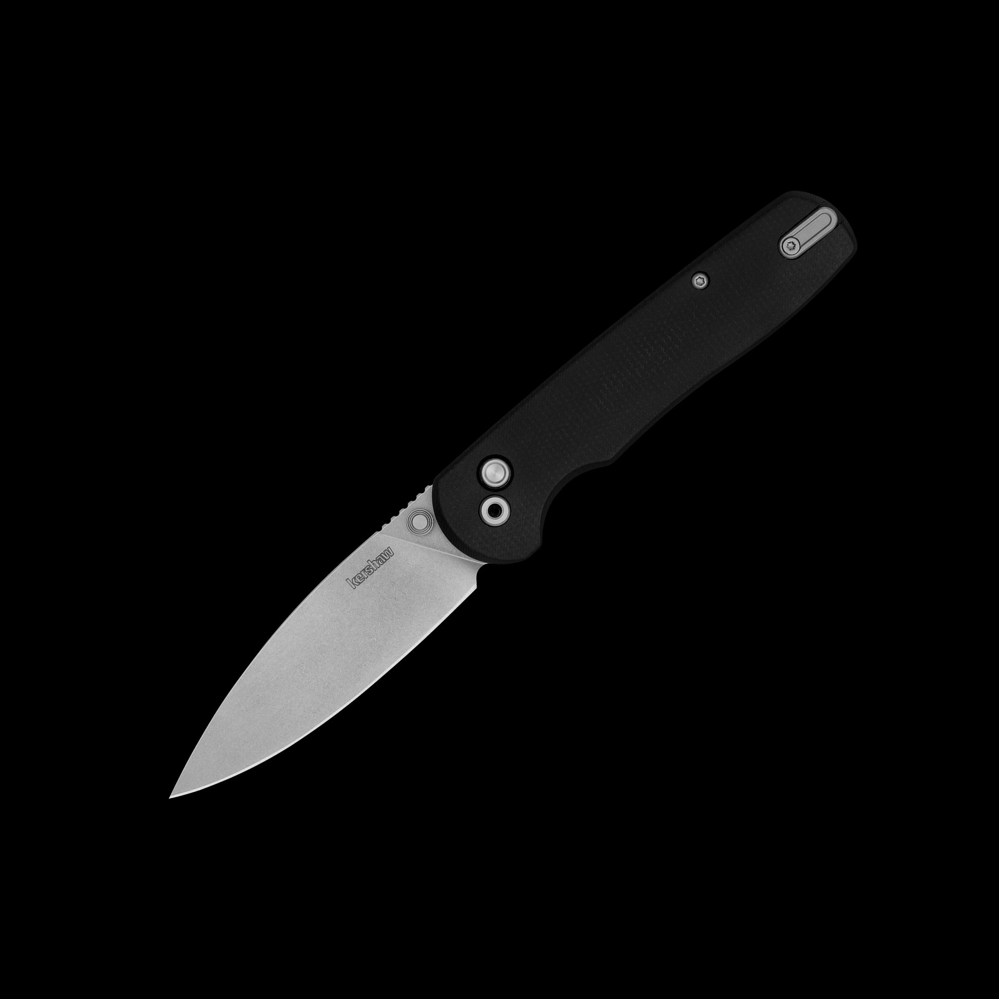 Kershaw Remnant 2054 folding knife with stonewashed D2 spear-point blade and black Micarta handle