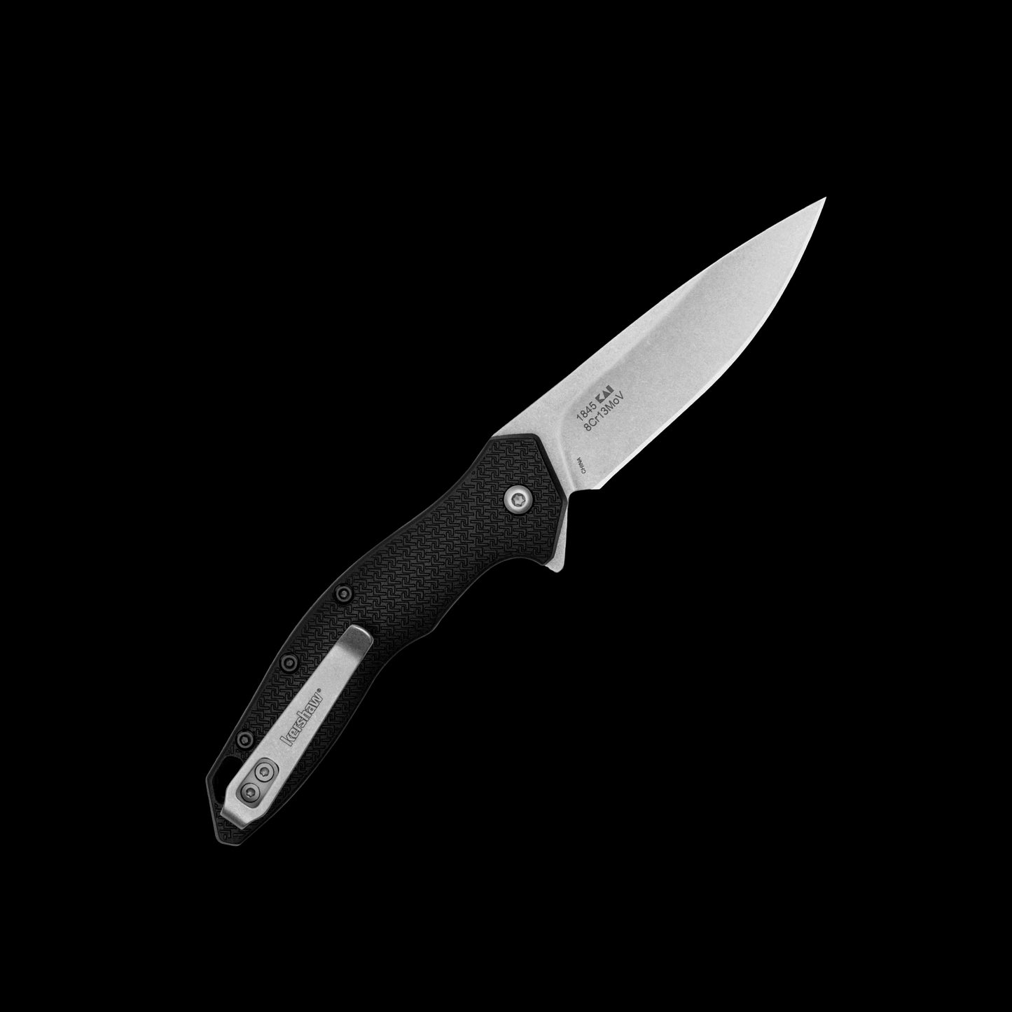 Stonewashed 8Cr13MoV drop-point blade on Kershaw Shoreline 1845