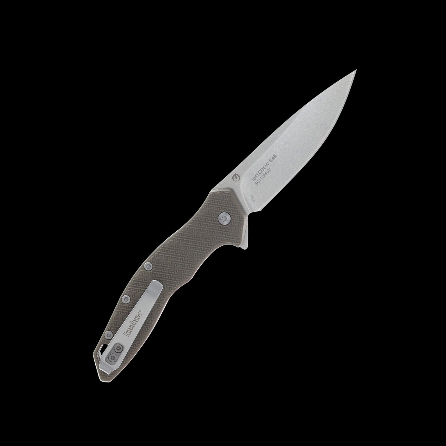 Stonewashed 8Cr13MoV drop-point blade on Kershaw Shoreline 1845ODSW