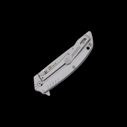 Grey stainless-steel handle on Kershaw Shroud folding knife