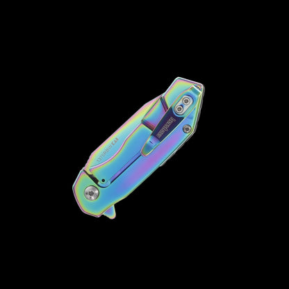Rainbow stainless-steel handle on Kershaw Valve folding knife