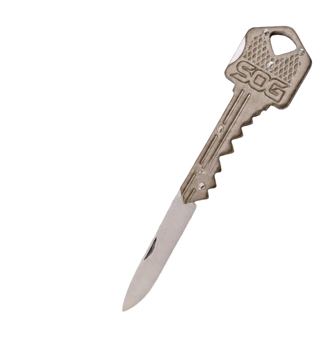 A novelty pocket knife shaped like a metal key, with a silver blade extending from the key head, shown on a plain white background.
