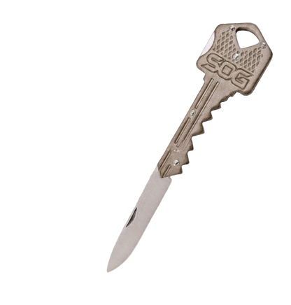 A novelty pocket knife shaped like a metal key, with a silver blade extending from the key head, shown on a plain white background.