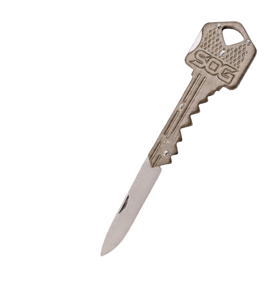 A novelty pocket knife shaped like a metal key, with a silver blade extending from the key head, shown on a plain white background.