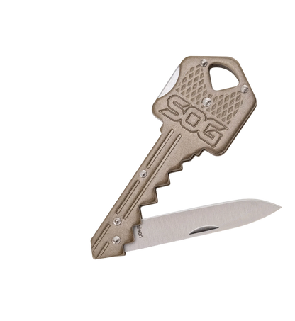 A 5.06 caliber key-shaped folding pocket knife with a textured tan metal head and a silver stainless steel blade, shown open on a white background.