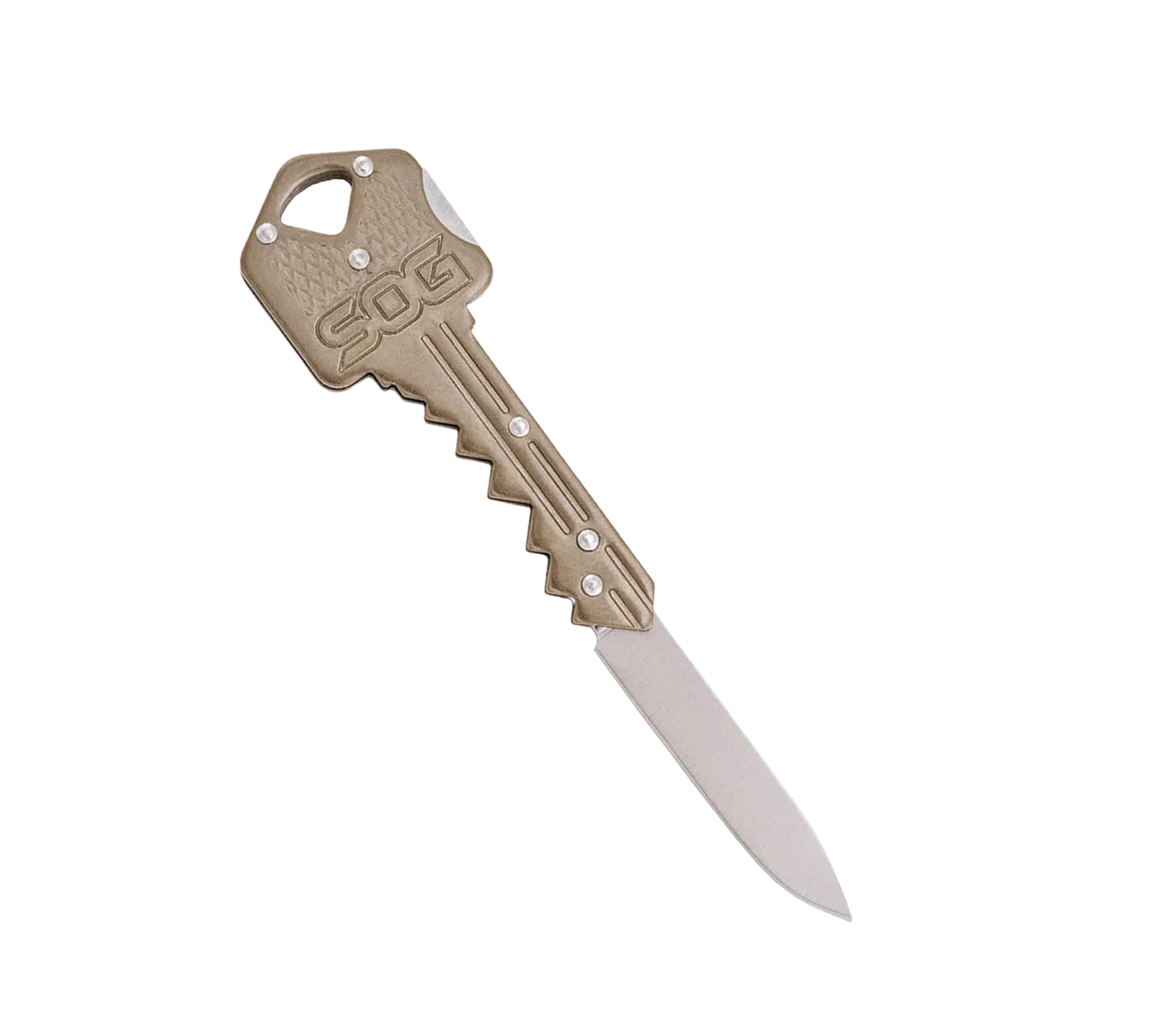 A tactical folding pocket knife shaped like a key, featuring a tan textured key head with the 'SOC' logo and a silver stainless steel blade, shown on a plain white background.