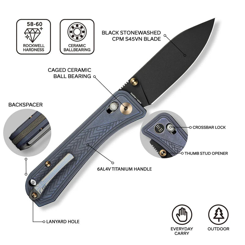 WEKNIFE Bougie Banter Thumb Stud & Crossbar Lock Knife Titanium Handle (2.91" CPM S45VN Blade) WE24009-1