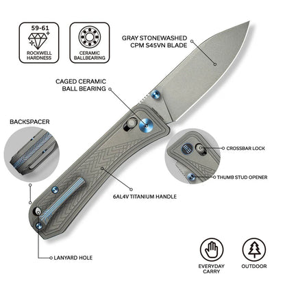 WEKNIFE Bougie Banter Thumb Stud & Crossbar Lock Knife Titanium Handle (2.91" CPM S45VN Blade) WE24009-2