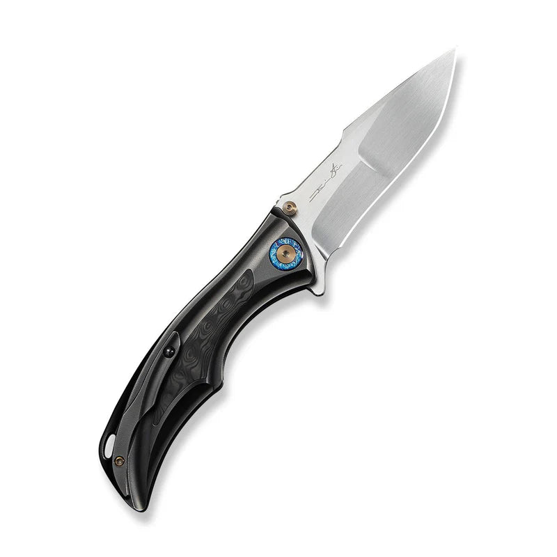 WEKNIFE Tighe Down Flipper & Thumb Stud & Button Lock Knife Polished Gray Orange Peel Textured Titanium Integral Handle With Rose Carbon Fiber Inlay (4" Hand Rubbed Satin Bohler M390 Blade, Drop Point) WE24054-2
