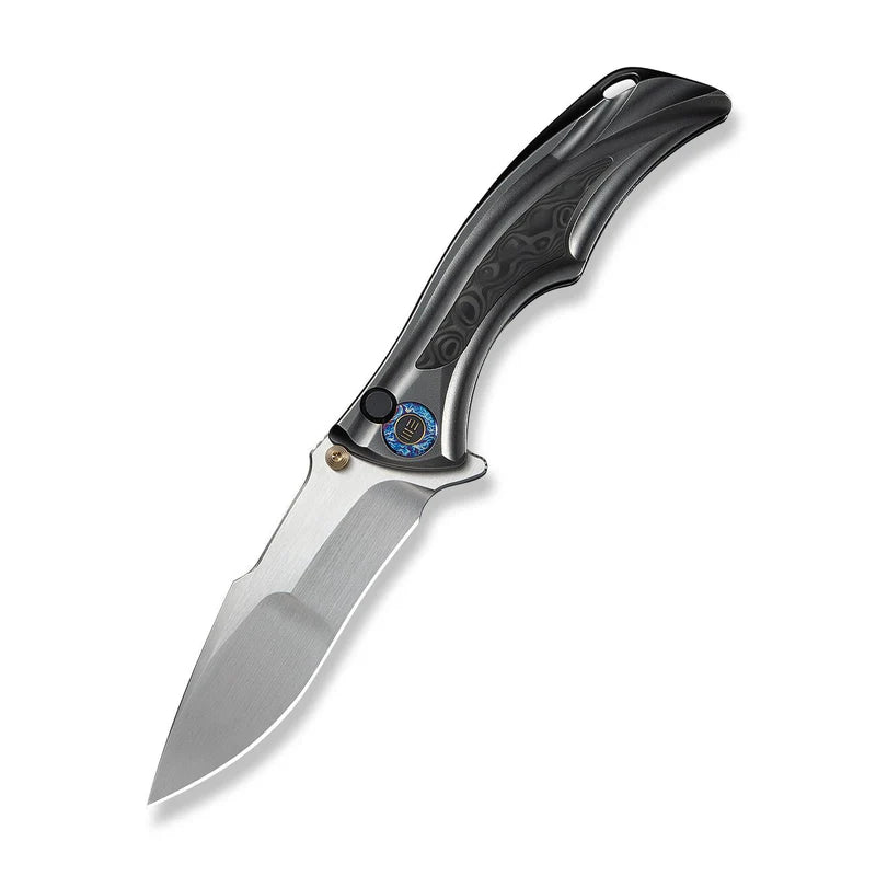 WEKNIFE Tighe Down Flipper & Thumb Stud & Button Lock Knife Polished Gray Orange Peel Textured Titanium Integral Handle With Rose Carbon Fiber Inlay (4" Hand Rubbed Satin Bohler M390 Blade, Drop Point) WE24054-2