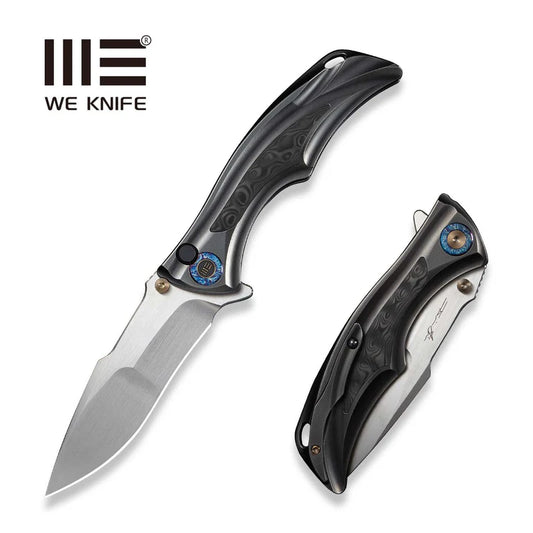 WEKNIFE Tighe Down Flipper & Thumb Stud & Button Lock Knife Polished Gray Orange Peel Textured Titanium Integral Handle With Rose Carbon Fiber Inlay (4" Hand Rubbed Satin Bohler M390 Blade, Drop Point) WE24054-2