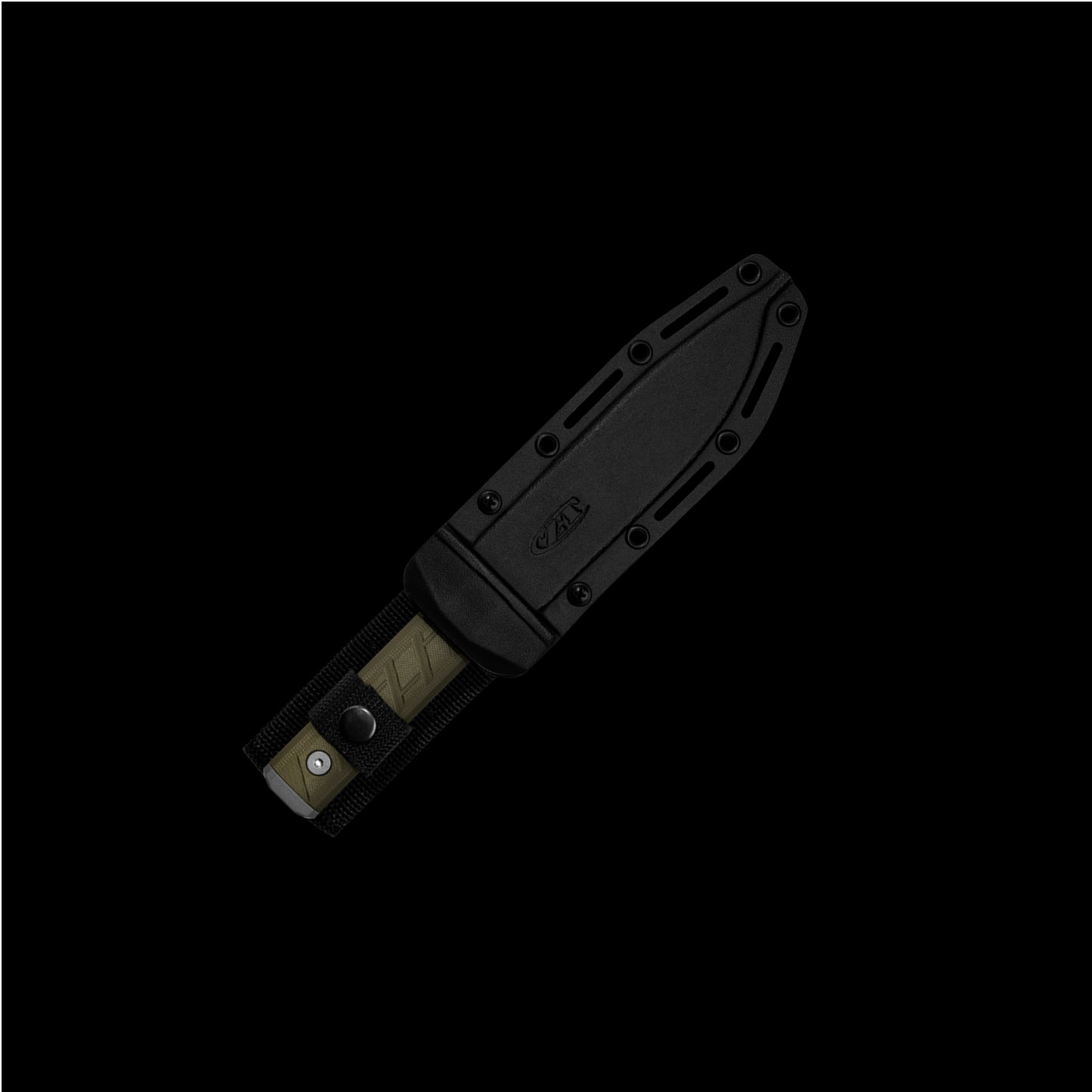 A black tactical sheath containing a knife, shown diagonally against a solid black background. The sheath features a molded black design with screw holes and a visible 'VAK' brand logo.