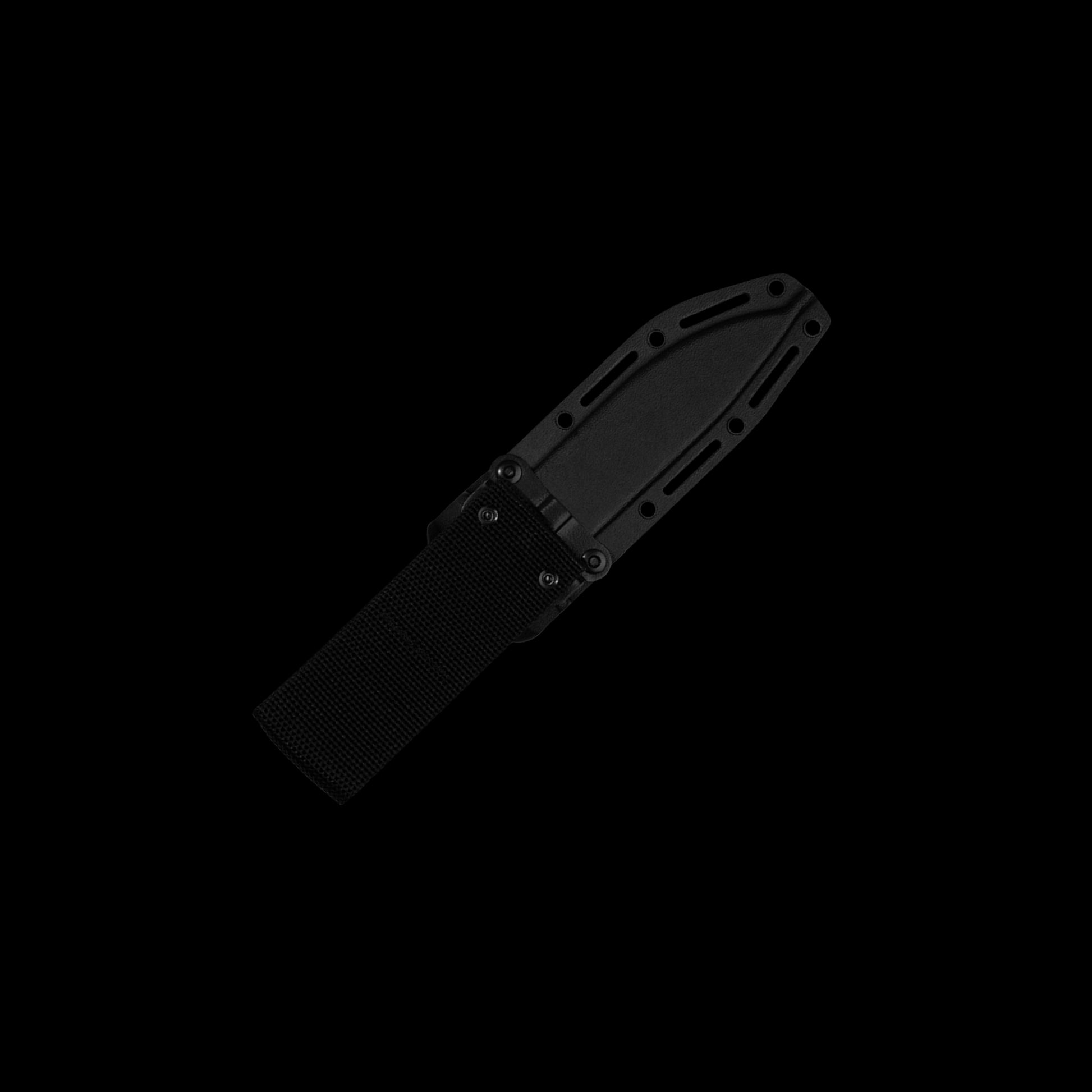 A black tactical sheath or knife cover with a textured handle, shown diagonally against a solid black background.